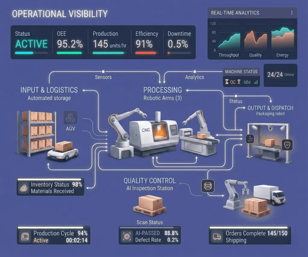 Operational visibility dashboard showing real-time manufacturing floor data including OEE, production flow, machine status and downtime metrics.